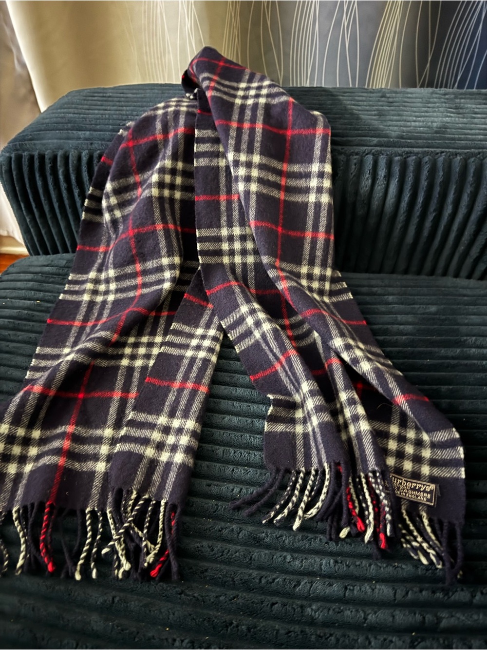 Burberry Navy Plaid Cashmere Scarf with Red and Cream Accents